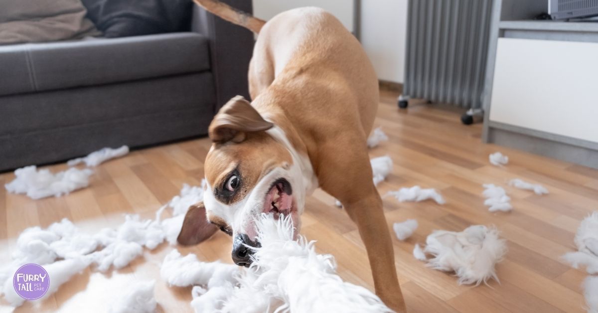 Dog chewing up a pillow while left alone, a classic sign of separation anxiety.