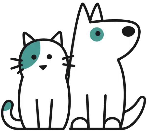 Illustration of a white cat and dog with teal patches.